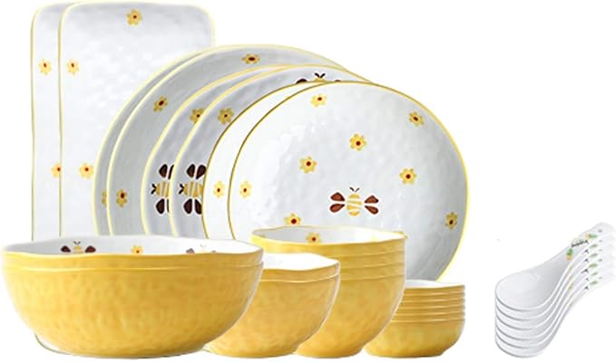 GaRcan Dinner Plate Dinner Plate 28-Piece Dinnerware Sets Household Kitchen Ceramics Dinnerware and Serveware Creative Handed Bee Dinnerware Set Service for 6 Dinner Plates Household Plates