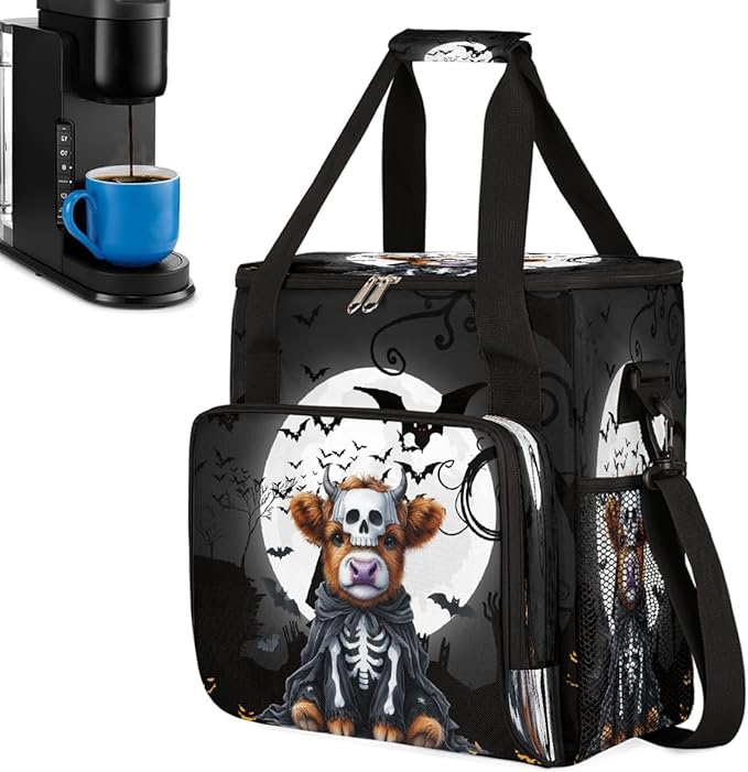 Halloween Mountain Cow Bat Moon Coffee Maker Carring Bag Travel Carrying Storage Tote Bag Compatible with Keurig K-Mini or K-Mini Plus Portable Single Serve Coffee Brewer Case with Pockets