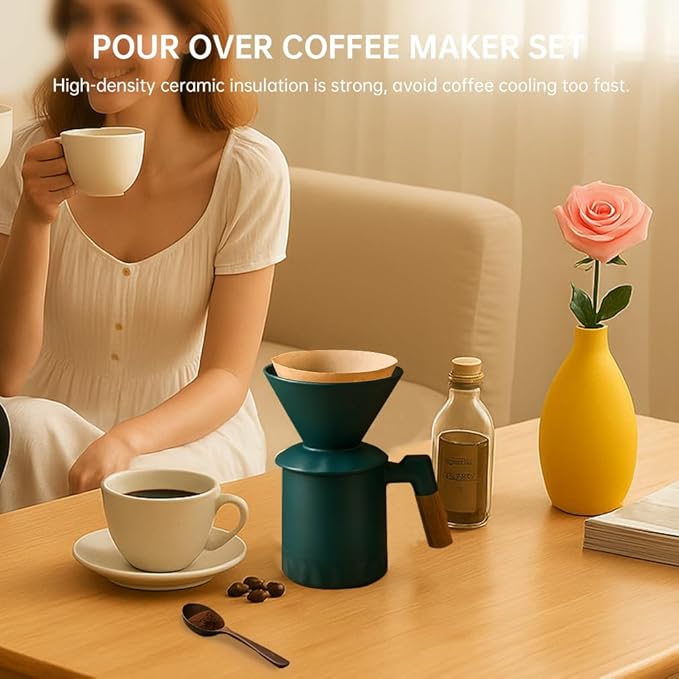 Pour Over Coffee Maker Set Ceramic Pour Over Coffee Dripper 15.5oz/450 ml with 25 Pcs V60 Paper Filter Coffee Pour Over Set for Camping Green