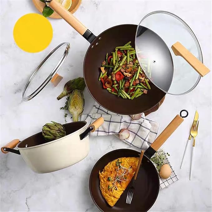 Pot Set Set Wok Soup Pot Milk Pot Cast Iron Chinese 3-Piece Set with Cover Kitchen Cooking Pot