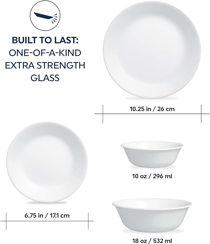 ZOID 3120NM Glass Glossy Mugless Dinnerware Set White 16 Pieces
