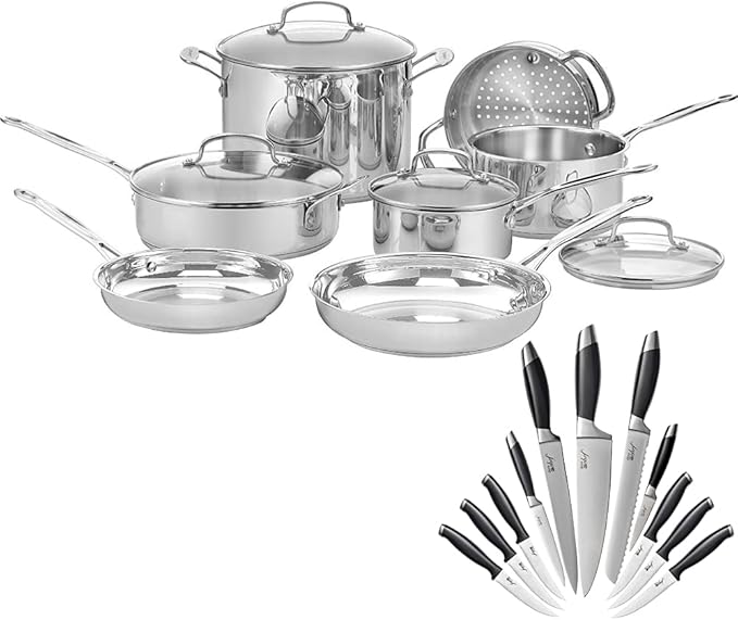 Cuisinart 77-11G Chef's Classic Stainless 11-Piece Cookware Set Bundle with Deco Chef Gourmet 12 Piece Stainless Steel Knife Set with Storage Block