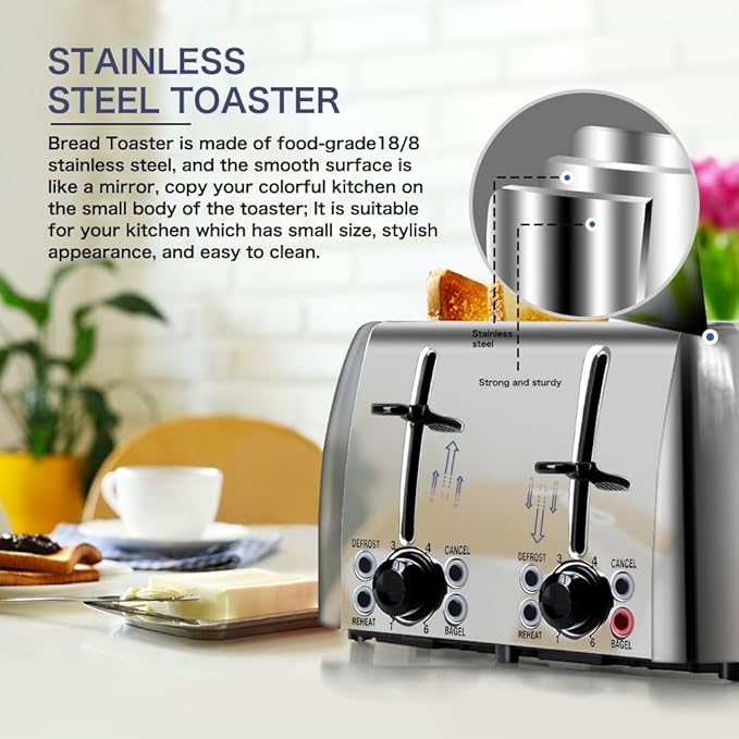 Toaster 4 Slice Stainless Steel Bagel Toaster Extra Wide Slots with 6 Browning Setting Bagel/Reheat/Defrost/Cancel Function for Toasting Bread Bagels and Waffles 1500W Silver