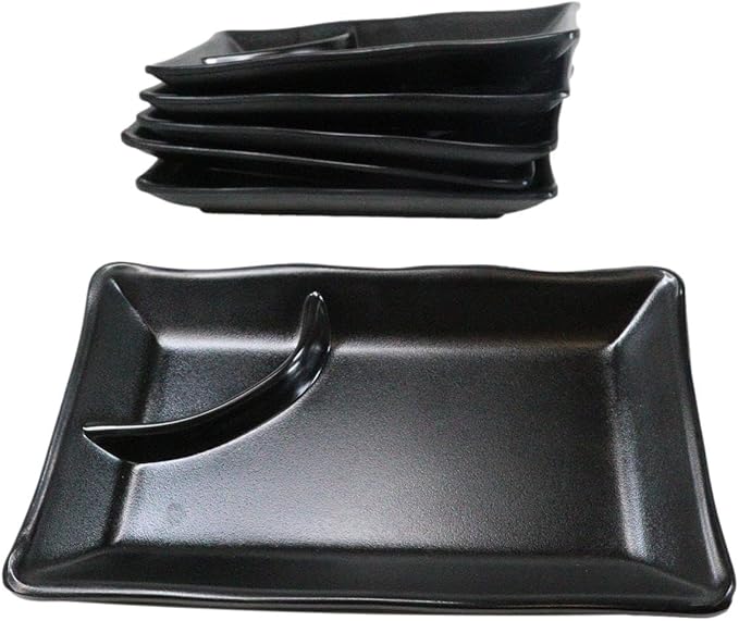 Ebros Gift Contemporary Ridged Matte Black Melamine Series Dinnerware Serveware Kitchenware Set Japanese Chinese Restaurant Supply (Pack Of 6 Rectangular Sushi Appetizer Entree Partitioned Plates)