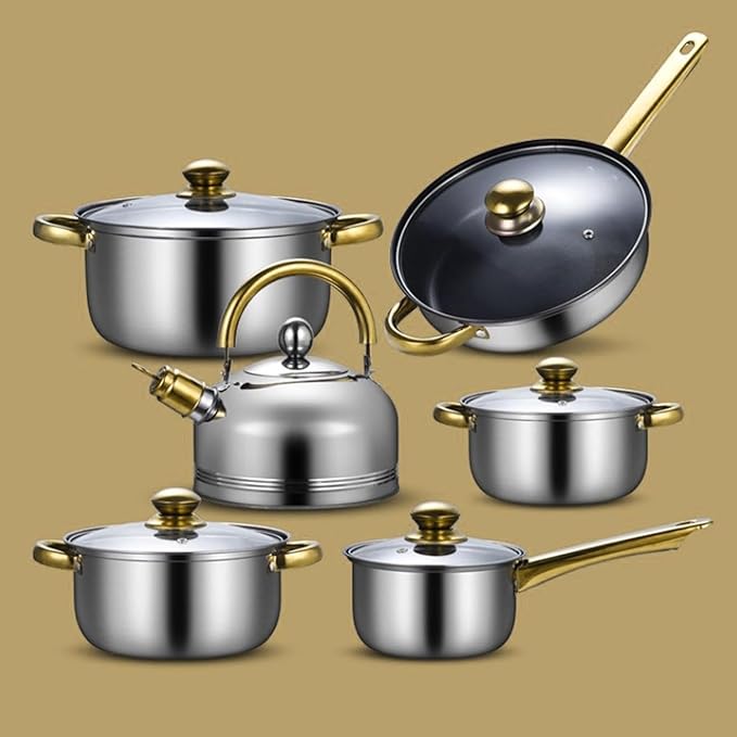 Kitchen Cookware Sets 6 Pieces Stainless Steel Cooking Set Portable with Glass Lid Cookware Pots and Pans Set for Home Cooking Set Cooking Pots (A One Size)