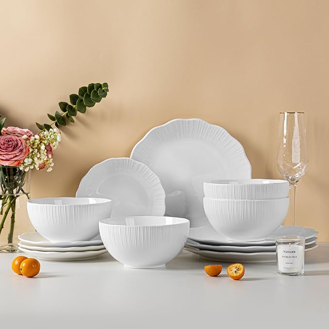 Porcelain Dinnerware Sets for 4 12 Piece Plates and Bowls Set Scratch-Resistant Microwave &amp Dishwasher Safe Dishes Kitchen and Dining Dishware