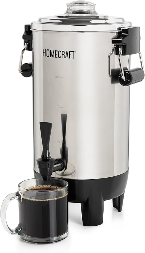 30 Cup Coffee Urn - Quick-Brewing Stainless Steel Double-Faucet - Perfect For Espresso Hot Water Tea Hot Chocolate - Stainless Steel