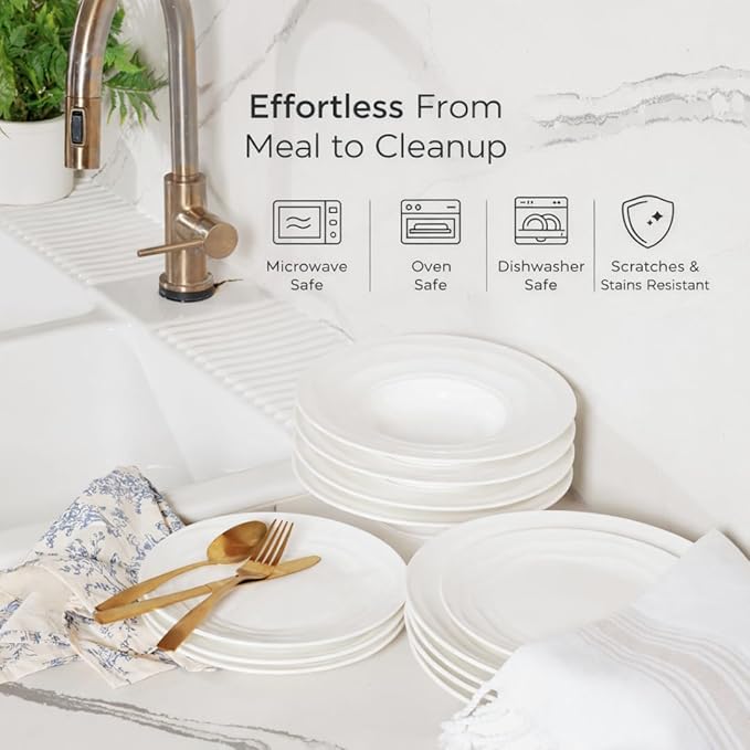 Pots &amp Patterns Natural Waves Premium Bone China Dinnerware Sets Service for 4 (12-Piece) White Plates and Bowls Sets Chip-Resistant Fine Porcelain Dinnerware - Wedding Registry Gift