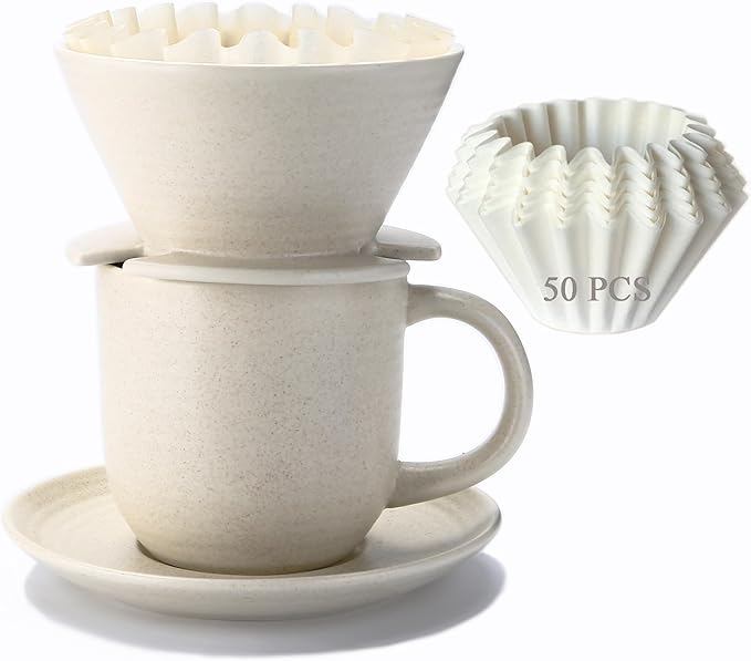 Pour Over Coffee Maker with 50 PCS Basket Coffee Filters 310 ml/10 oz Mug with Saucer &amp Coffee Dripper Ceramic Off-white
