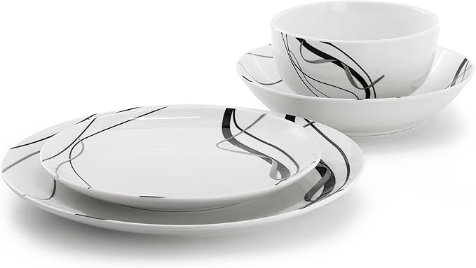 Elama Sarah 24 Piece Porcelain Black Ribbon Double Bowl Dinnerware Set Service for 6 in White and Black