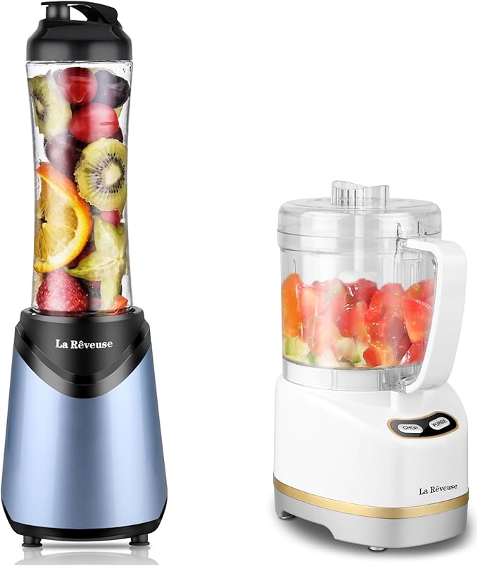 La Reveuse 300W Personal Size Blender (Light Blue) + La Reveuse 2-Cup Mini Food Chopper (White)