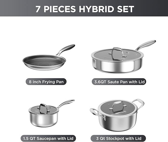 COOKER KING 7 PCS Stainless Steel Cookware Set Pots and Pans Set Non Stick Hybrid CookwareNon-Stick Frying Pan Saucepan Saute Pan &amp Stockpot Non-Toxic Oven Safe Induction Compatible