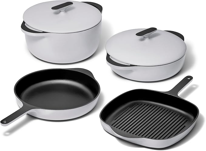 Caraway 8-Piece Enameled Cast Iron Set - 10.5” Skillet Grill Pan 3.5 qt Braiser Pan 6.5 qt Dutch Oven with Lid and Organizers - Non-Toxic 3-Layer Enamel Coating - No Seasoning Required - Gray