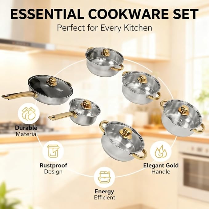 Cookware Set Stainless Steel Rustproof Nonstick Pan Pot Set with Gold Handle Multi - Size Kitchen Pots - Durable Energy Efficient Stylish Design Suitable for All Stovetops (Gold Handle)