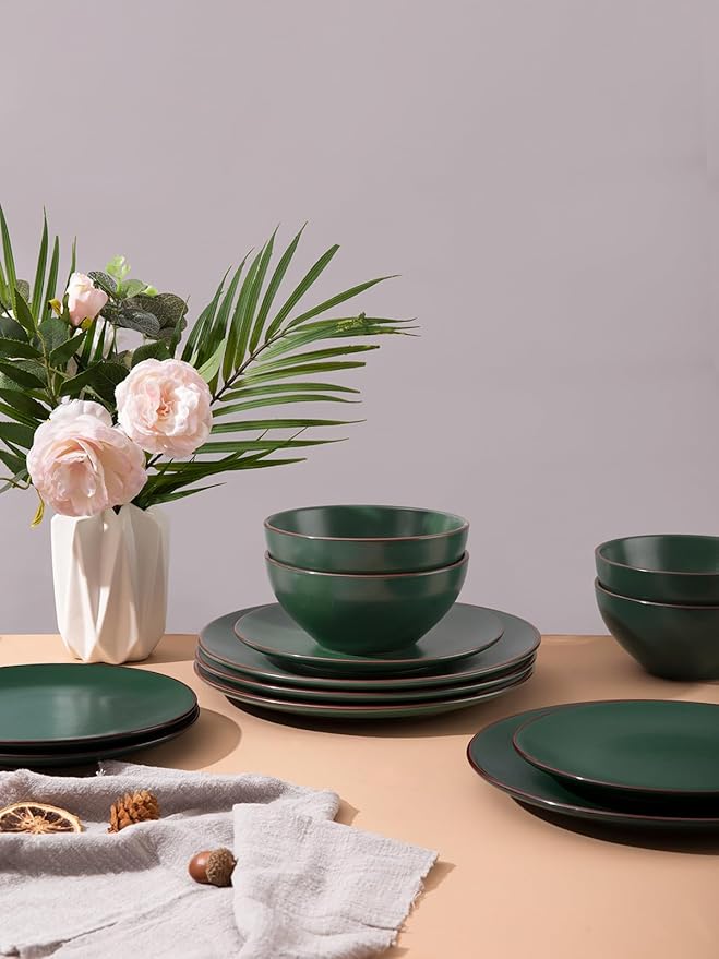 Famiware Venus Plates and Bowls Sets with Coffee Mugs Set 18 Pieces Stoneware Dinnerware Sets Dark Green
