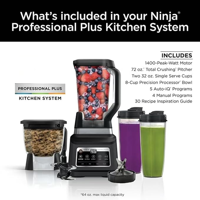 Professional Kitchen System 1400W Blender 8-Cup Food Processor Auto-iQ 72oz Pitcher 2 Single-Serve Cups