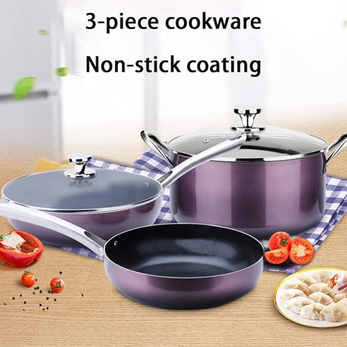 Non-Stick Cookware Set with 3 PiecesTempered Glass Cover Comfortable HandleSuitable for A Variety of Gas Including Induction Cooker Frying Pan