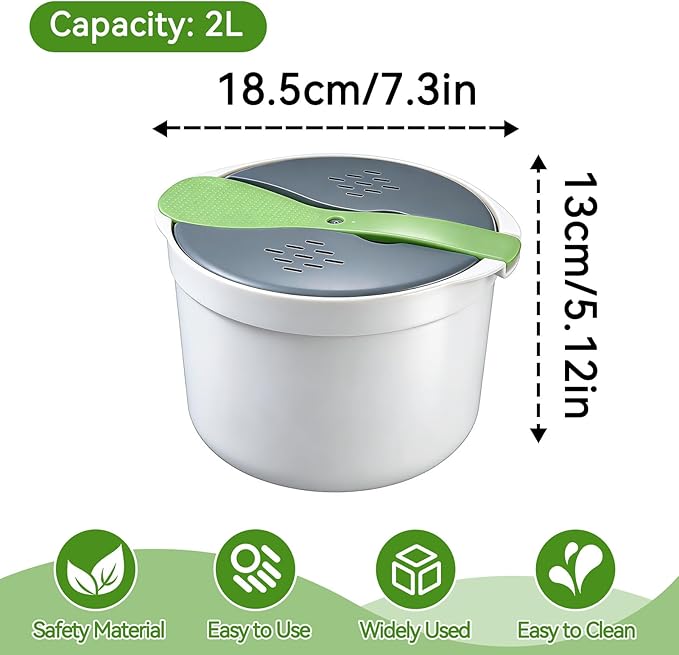 Microwave Rice Cooker Steamer 2L Microwave Rice Steamer Pasta Cooker with Strainer Non-stick Microwave Cookware Set for Rice Pasta Vegetables Quinoa Oatmeal