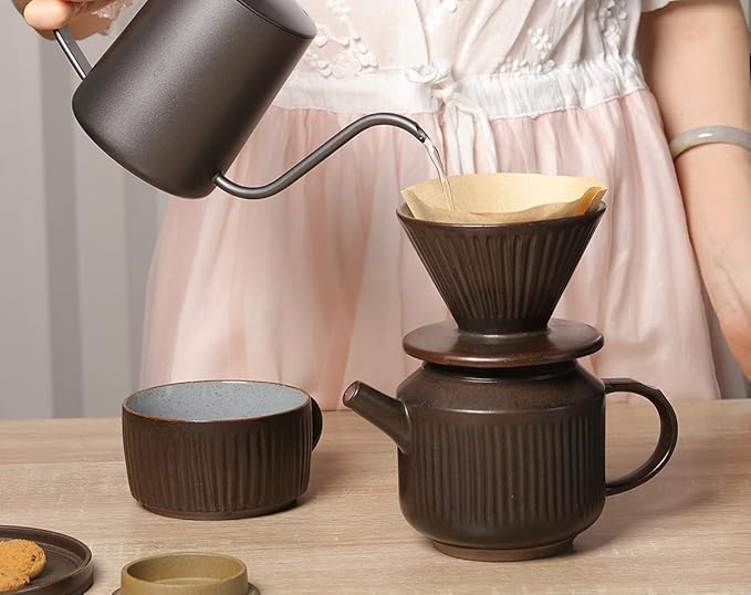 Pottery Pour Over Coffee Maker Ceramic Cone Filter Hand Drip Coffee Dripper Reusable Stoneware Pourover Coffee Brewer Size 02 (Rustic Chocolate Brown)