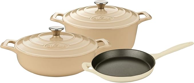La Cuisine LC 2685 5 Piece Enameled Cast Iron Round Casserole Cookware Set Cream
