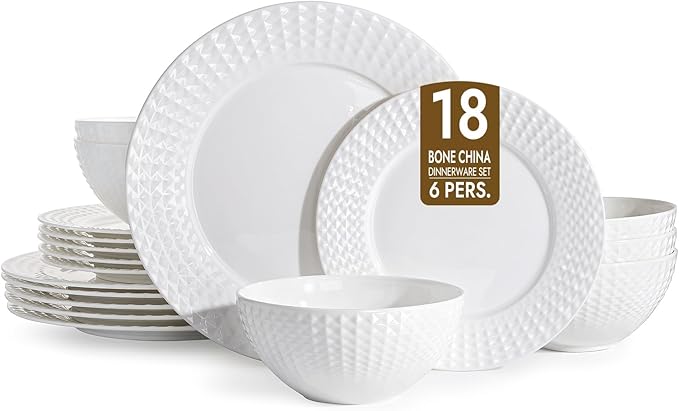 KINGSTONE Bone China Dinnerware Set 18-Piece White Lightweight Porcelain for 6 Plates and Bowls with Rhombus patterned edge design Microwave and Dishwasher Safe for Family Restaurant Gifting