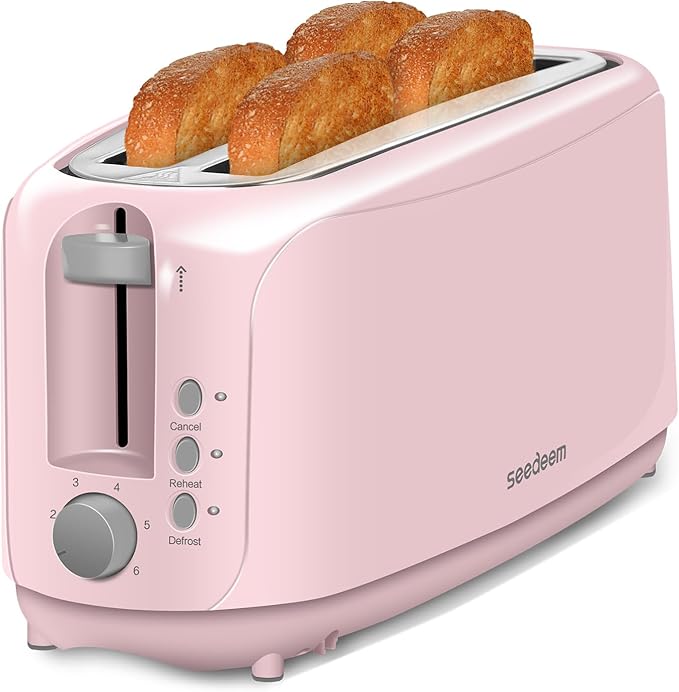 SEEDEEM 4 Slice Toaster Extra Wide Slots Bread Toaster with 6 Shade Settings Bagel/Cancel/Defrost/Reheat Functions Removable Crumb Tray Auto Shut-Off Pink