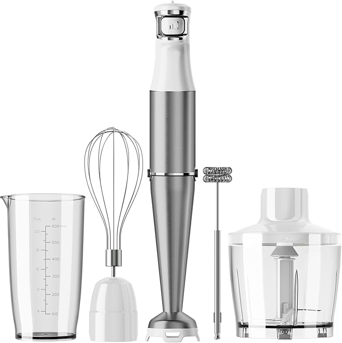 Immersion Blender Handheld Corded Hand Blenders Set 1100W Trigger Variable Speed 5 in 1 Stick Emulsifier with Chopper Whisk and Frother for Soup Baby Food and Smoothies White