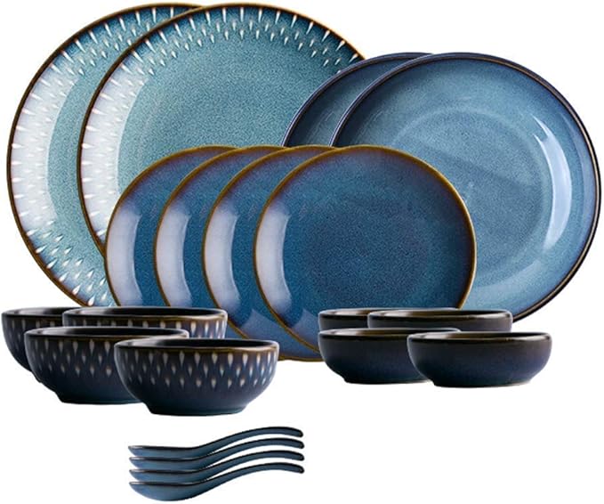 Dinner Plates Creativity Ceramics Dinner Sets 26 Pieces Blue Nordic Style Porcelain Combination Set - Bowl/Dish/Spoon | Kiln Glaze Dinnerware for Restaurant Box