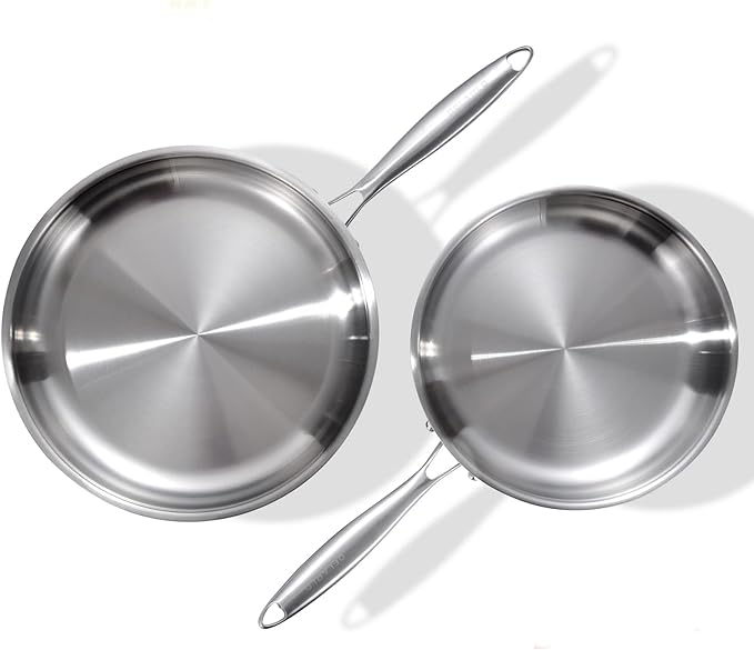 DELARLO Tri-Ply Stainless Steel Pan 18/10 Frying Pan Oven Safe Up to 600°F Nontoxic Cookware Compatible with All Cooktops Skillet Durable Fast Even Heat Fry Pan10+12 inch Pan