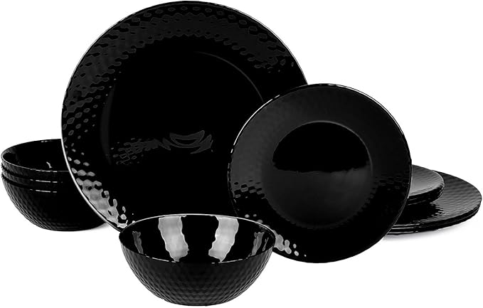 Dinnerware Sets for 4 Light &amp Durable 12 Pieces Opal Glass Plates and Bowls Set Dishwasher and Microwave Safe Dish Dinning Ware Thin but Strong Geometric Faceted Black