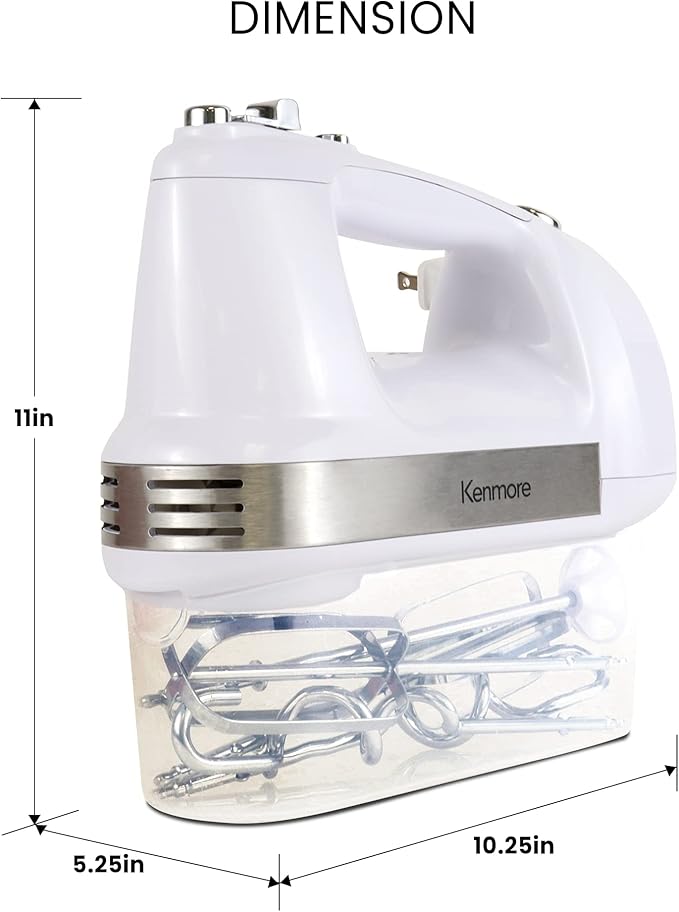Kenmore 5-Speed Hand Mixer/Blender 250 Watts with Beaters Dough Hooks Liquid Blending Rod Automatic Cord Retract Burst Control and Clip-On Accessory Storage