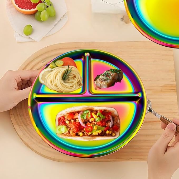 12-Piece Stainless Steel Rainbow Dinnerware Sets for 4 Unbreakable Reusable Divided Plates Bowls Cups Round Dishwasher Safe for Kitchen Camping Picnic RV