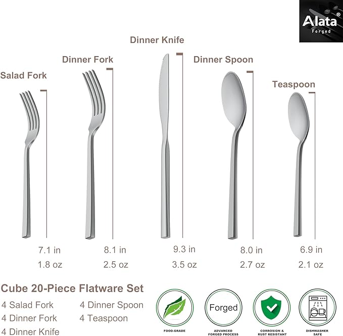 Alata Cube 20-Piece Forged Silverware Set Stainless Steel Flatware SetService for 4Matte Satin Polished Cutlery SetDishwasher Safe