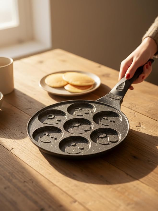 7-Piece Nonstick Granite Cast Iron Emoji Waffle and Pancake Pan Set