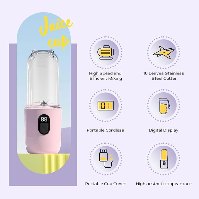 Portable Blender for Smoothies Shakes Food Prep Rechargeable Compact Personal Blender with 16 Leaves Stainless Steel Cutter 500ml Cup Capacity