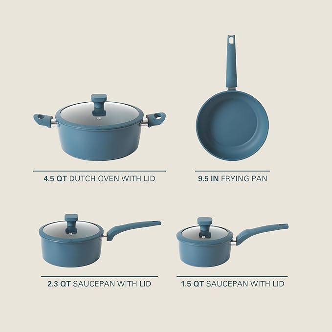 Gibson Home Helensburgh 7-Piece PFA-Free Ceramic Nonstick Carbon Steel Cookware Set – Blue Pots and Pans with Glass Lids Saucepan Dutch Oven Fry Pan