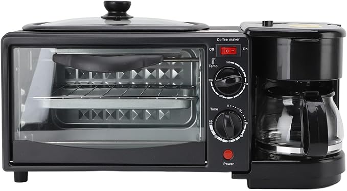 Breakfast Station 3 in 1 Toaster Oven ＆ Coffee Maker Large Capacity Versatile Breakfast Maker with 100°C-230°C Adjustable Temperature and 60min Timer for Apartments Kitchen