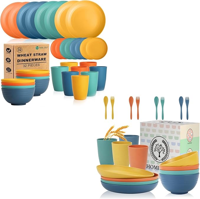 Homienly 52 PCS Premium Wheat Straw Dinnerware Sets Reusable Plates and Bowls Sets for Kitchen Lightweight and Unbreakable Dishwasher and Microwave Safe Dishes Set - Colorful
