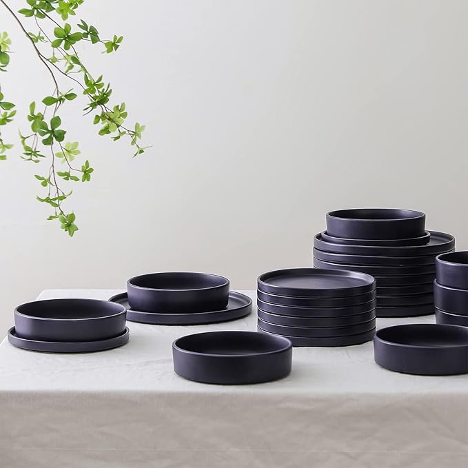 Stone Lain Cleo Stoneware 32-Piece Modern Dinnerware Set Plates and Bowls Dark Blue Service for 8 Microwave &amp Dishwasher Safe