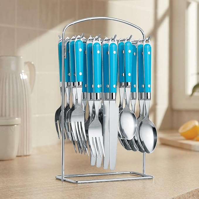 Montgomery Ward 20-Piece Hanging Flatware Set with Rack Teal - Elegant Stainless Steel Utensils (Teal)