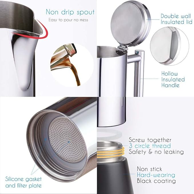 Stainless Steel Stovetop Espresso Moka pot - Cuban Coffee maker Italian for Induction gas or electric stoves