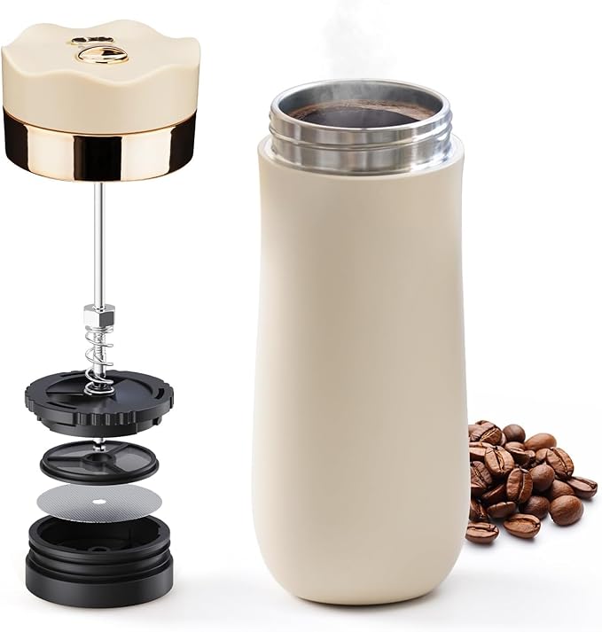 BRBHOM The Original Portable French Press Stainless Steel Coffee Maker Premium Vacuum Insulated Travel Mug Hot &amp Cold Brew French Presses (OFF-WHITE)