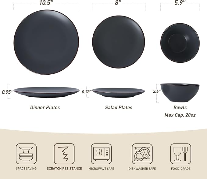 Famiware Venus Plates and Bowls Sets with Coffee Mugs Set 18 Pieces Stoneware Dinnerware Sets Charcoal
