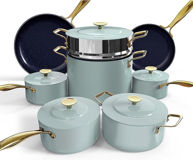 Nuwave Lux LE 13-Pc Cookware Set with Elegant Gold Handle Diamond Infused Ceramic Non-Stick PFAS Free Premium Metal Lids Ergonomic Stay-Cool Handles Induction Ready &amp Compatible w/All Cooktop