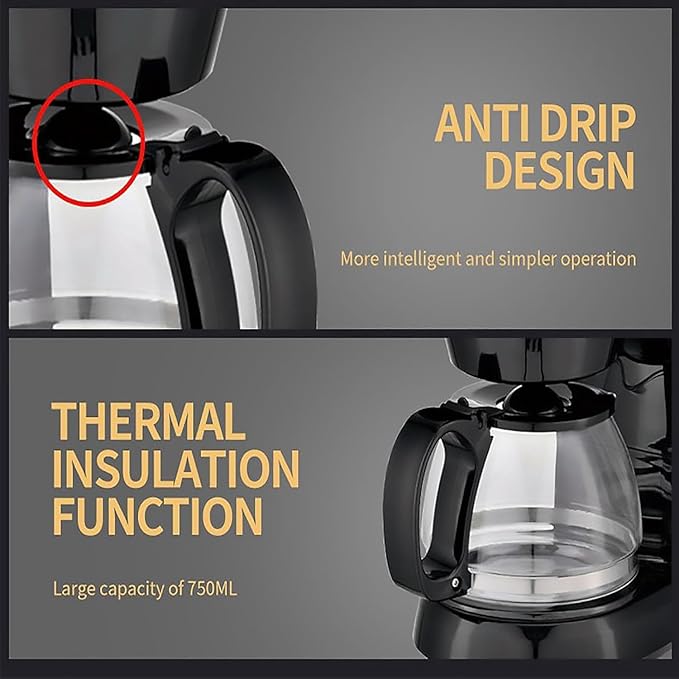 6-Cup Coffee Maker with Easy On/Off Switch Easy Pour Non-Drip Carafe with Removable Filter Basket 650W 750ML Household Small Electric Drip Coffee Machine for Home &amp Office Black