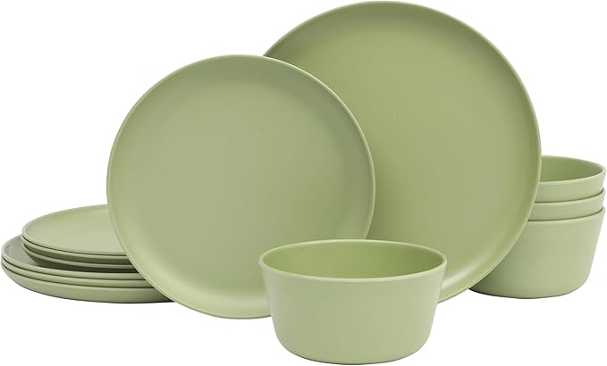 Gibson Home Fairhope 12-Piece Matte Green Melamine Dinnerware Set – Durable Lightweight Plates and Bowls Kitchen Dining Set