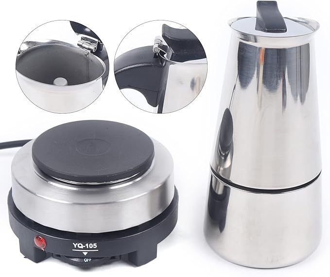 Commercial Stainless Steel Espresso Maker Coffee Urn with Electric Stove 6 Cups Stainless Steel Mocha Coffee Maker Pot Percolator Hot Beverage Dispenser for Party Home Wedding Cafe (6Cups 300ml)