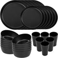 EI 24pcs Black Wheat Straw PlatesWheat Straw Dinnerware SetPlates and Bowls SetsReuasble PlateUnbreakable Dinner Plate Heavy Duty Plastic for Picnic Outdoor Activities Dormitory Kitchen