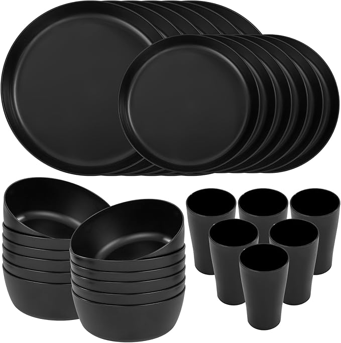 EI 24pcs Black Wheat Straw PlatesWheat Straw Dinnerware SetPlates and Bowls SetsReuasble PlateUnbreakable Dinner Plate Heavy Duty Plastic for Picnic Outdoor Activities Dormitory Kitchen