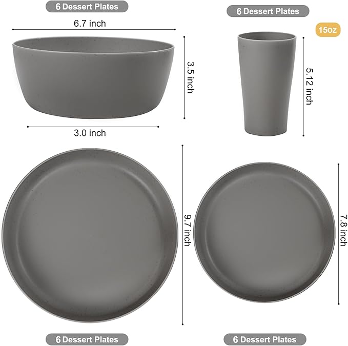 EI 24pcs Wheat Straw Dinnerware SetDark Grey Plates and Bowls SetsUnbreakable Dinner PlatesReuasble Plastic PlateMicrowave Dishwasher Safe for CampingPicnincFamily Dinner